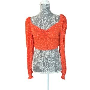 Urban Outfitters Coral Floral Ruched Long Sleeve Crop Top | Size Medium